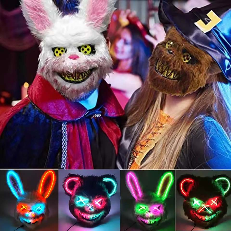 Led Purge Mask Halloween - LEDブラッディラビットマスク 光る殺人黒熊マスク ハロウィンダンスパーティー コスプレコスチューム小道具 刺殺されたぬいぐるみウサギマスク