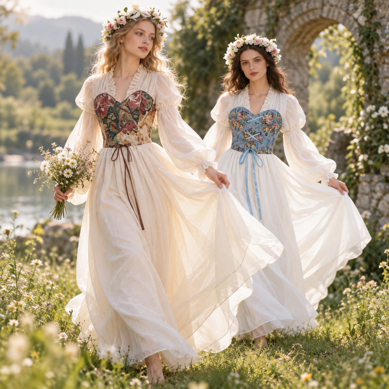 Medieval Renaissance Dress Women - ルネサンス様式のコルセットウエストドレス。中世の舞台パフォーマンスや妖精の衣装、ファンタジーをテーマにした舞台衣装として、男女問わず着用可能。