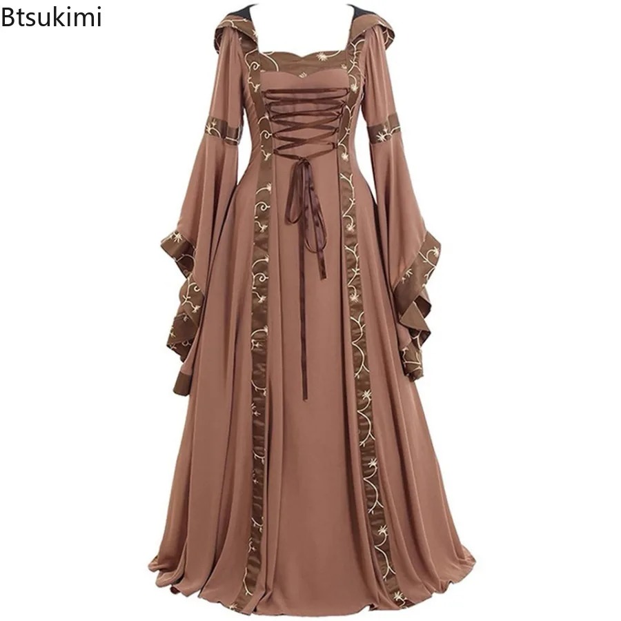 新作、女性用、中世ゴシック風、フード付き、ロング丈ドレス、ビ - Medieval Renaissance Dress Women のレビューと価格