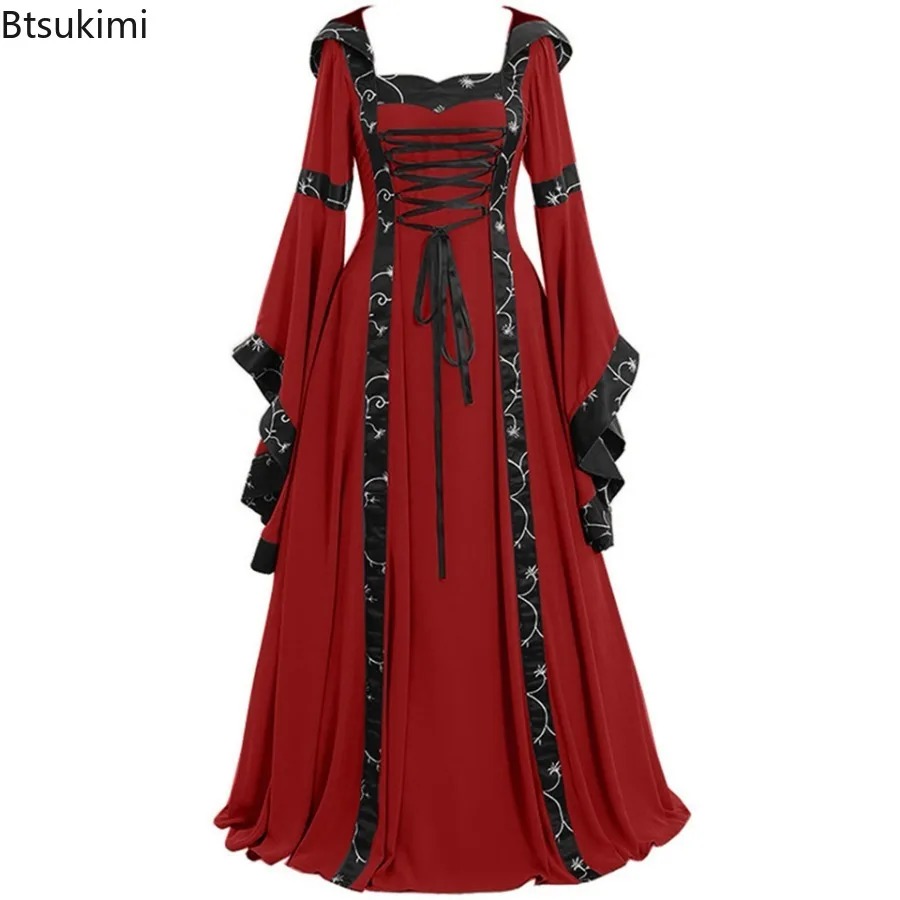 新作、女性用、中世ゴシック風、フード付き、ロング丈ドレス、ビ - Medieval Renaissance Dress Women のレビューと価格