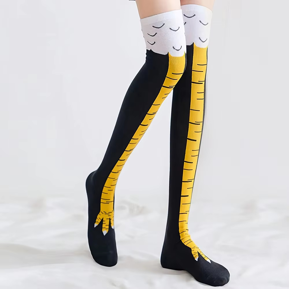 1/2ペアの鶏の足プリントの女性用太もも丈ソックス、斬新な漫 - Funny Chicken Leg Socks のレビューと価格