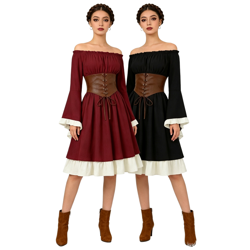 中世ルネサンス風ミディ丈ドレス、女性用、海賊コスプレ衣装、オ - Costumes のレビューと価格